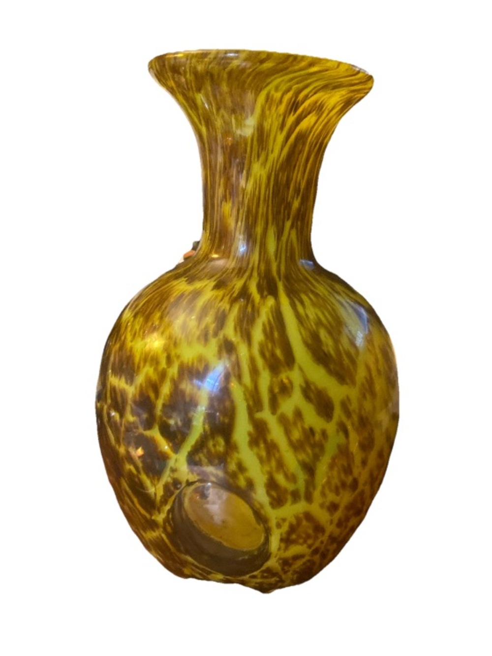 Art Glass Electric Green Cased Tortoise Shell Clear Windows Vase 6”